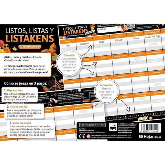 Spanish Listos Listas y Listakens board game