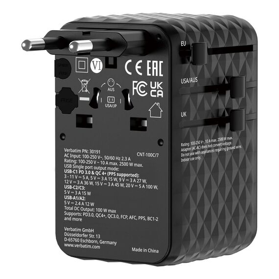 Verbatim - Charge 'n' Travel 100W Universal Travel Adapter with retractable cable Black / Electronics