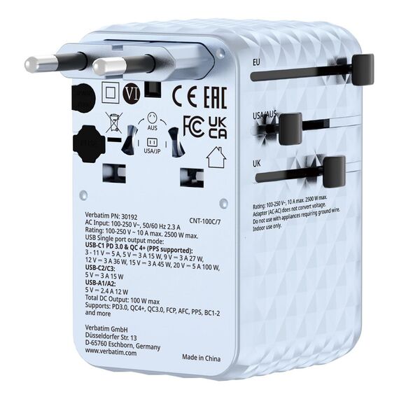 Verbatim - Charge 'n' Travel 100W Universal Travel Adapter with retractable cable Blue / Electronics