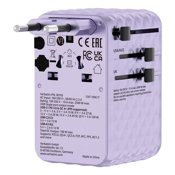 Verbatim - Charge 'n' Travel 100W Universal Travel Adapter with retractable cable Purple / Electronics