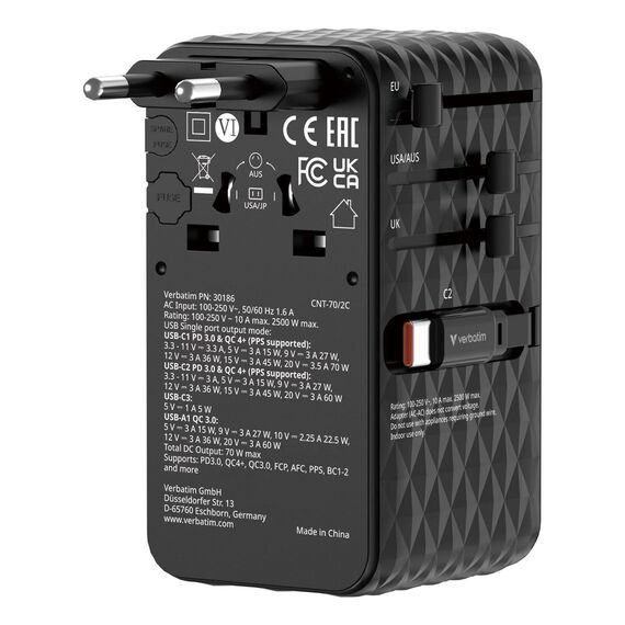 Verbatim - Charge 'n' Travel 70W 2C retractable Universal Travel Adapter Black / Electronics