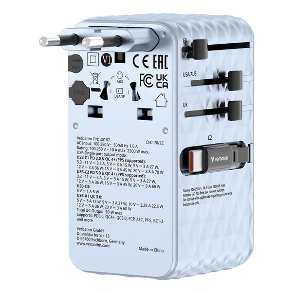 Verbatim - Charge 'n' Travel 70W 2C retractable Universal Travel Adapter Blue / Electronics