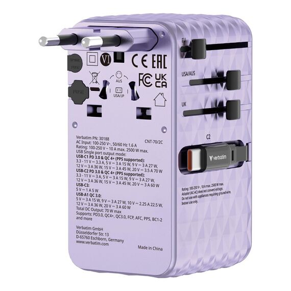 Verbatim - Charge 'n' Travel 70W 2C retractable Universal Travel Adapter Purple / Electronics