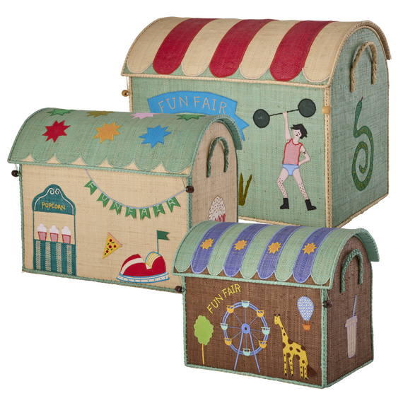 Rice - Raffia Toy Baskets with Fun Fair Theme - Blue - Set of 3, / Baby and Children