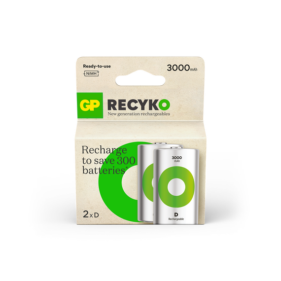 GP - ReCyko Rechargeable Battery, Size D, 3000 mAh, 1.2V (2-pack) / Electronics