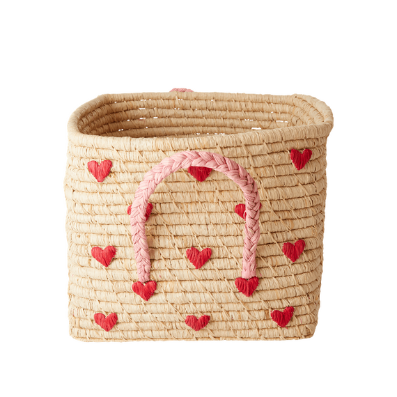Rice - Small Square Raffia Basket with Handles - Hearts / Baby and Children