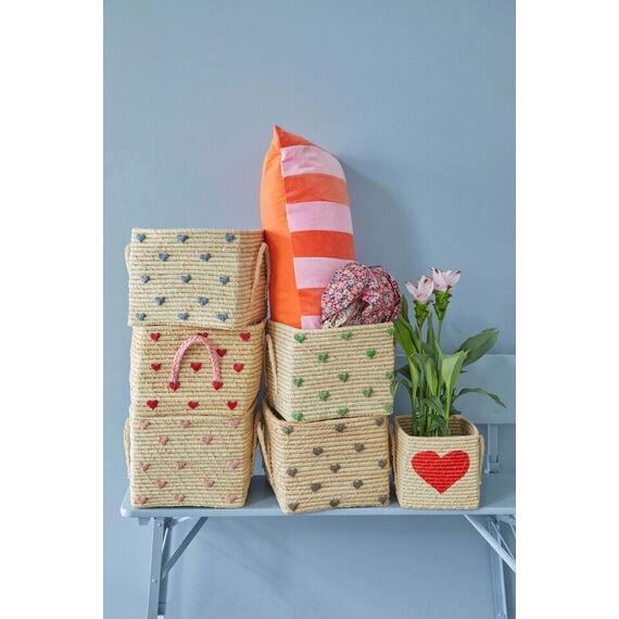 Rice - Small Square Raffia Basket with Handles - Hearts / Baby and Children