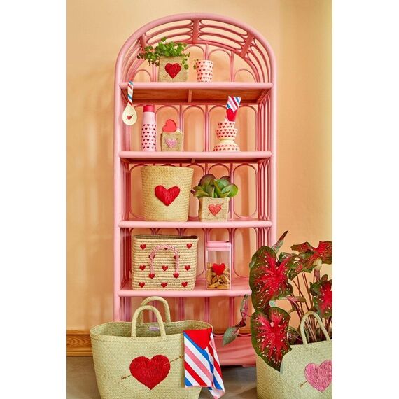Rice - Small Square Raffia Basket with Handles - Hearts / Baby and Children