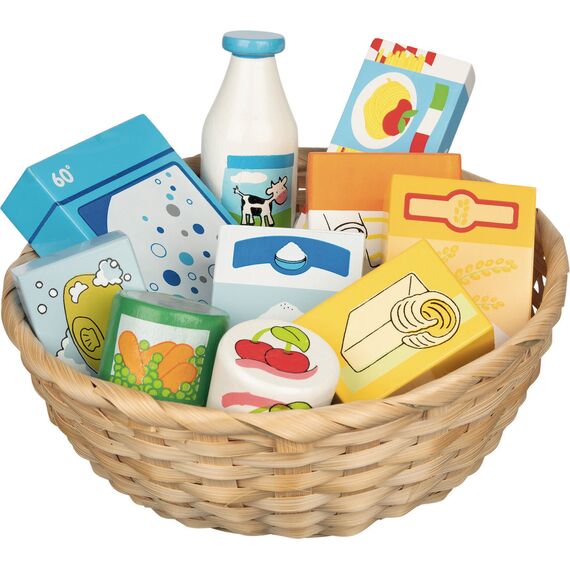 Goki - Toy shop miniatures in a basket, food and household goods / Toys