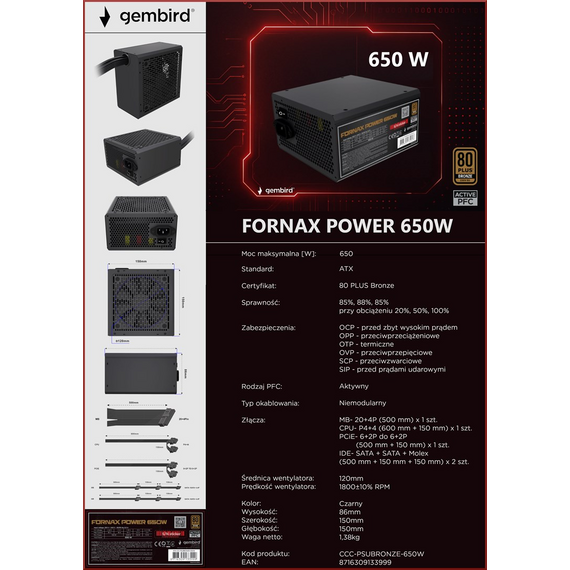 Gembird CCC-PSUBRONZE-650W Power supply unit Fornax Power 650W active PFC 12cm fan 80+Bronze color box | Techbox