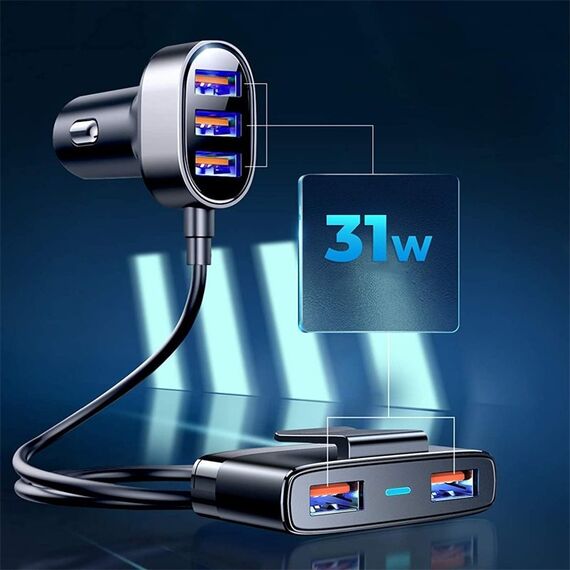 Joyroom fast car charger 5x USB 6.2 A with extension cable black (JR-CL03) | Techbox