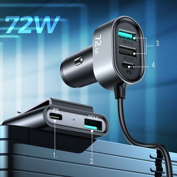 Joyroom car charger 2xPD + 2xQC3.0 72W 1.5m black (JR-CL05) | Techbox