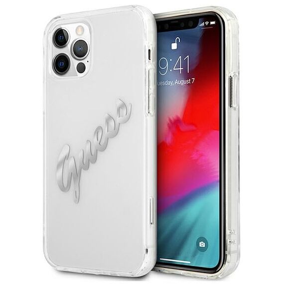 Guess GUHCP12MKTRSVSI iPhone 12/12 Pro 6.1" Transparent hardcase Vintage Script Silver | Techbox