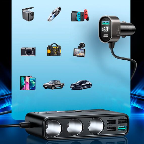 Joyroom JR-CL06 9in1 car charger 154W 5x USB-A / USB-C / 3x cigarette lighter socket PD QC PPS - black | Techbox