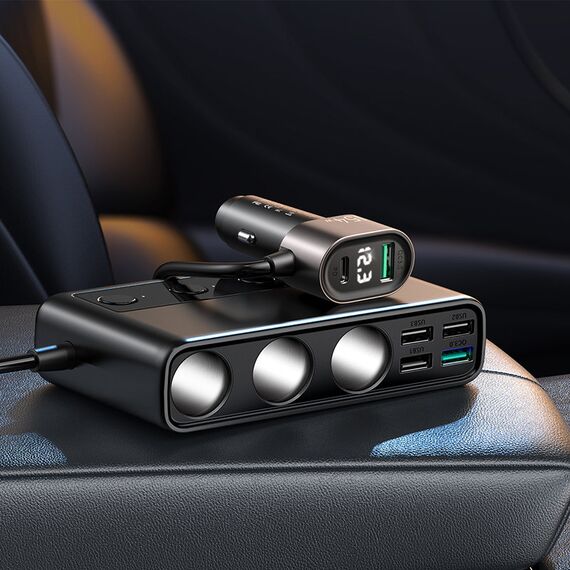 Joyroom JR-CL06 9in1 car charger 154W 5x USB-A / USB-C / 3x cigarette lighter socket PD QC PPS - black | Techbox