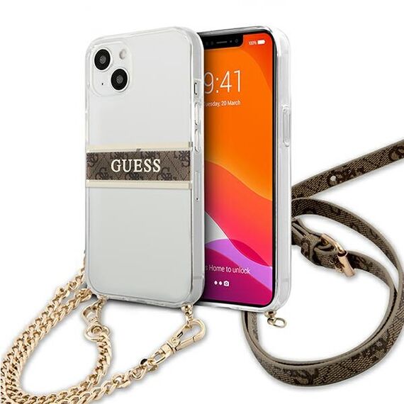 Guess GUHCP13SKC4GBGO iPhone 13 mini 5,4 "Transparent hardcase 4G Brown Strap Gold Chain - Apple Cases - Cases - Techbox