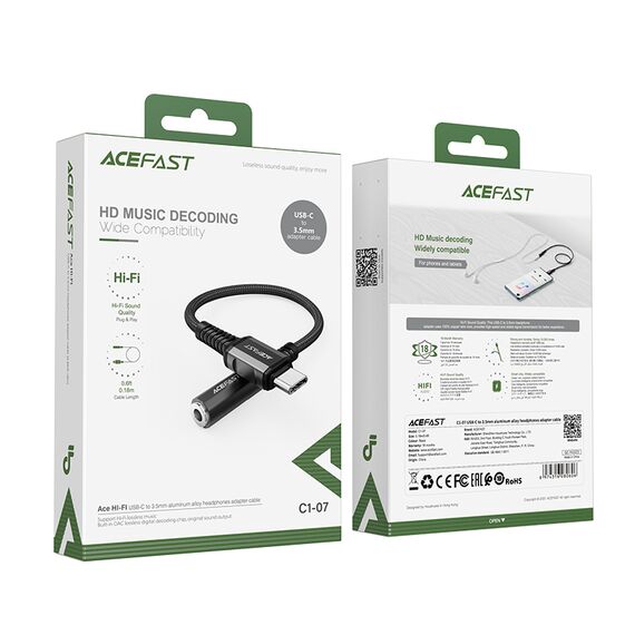 Acefast audio cable USB Type C - 3.5mm mini jack (female) 18cm, DAC, AUX black (C1-07 black) | Techbox