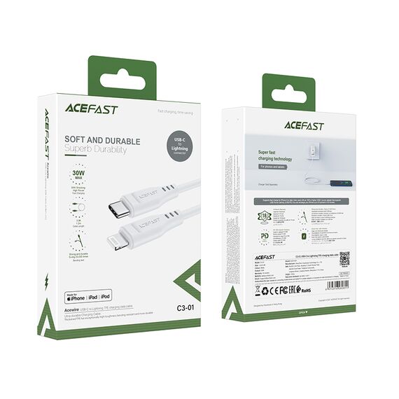 Acefast cable MFI USB Type C - Lightning 1.2m, 30W, 3A white (C3-01 white) - Cables & Adapters - Cables & Accessories - Techbox