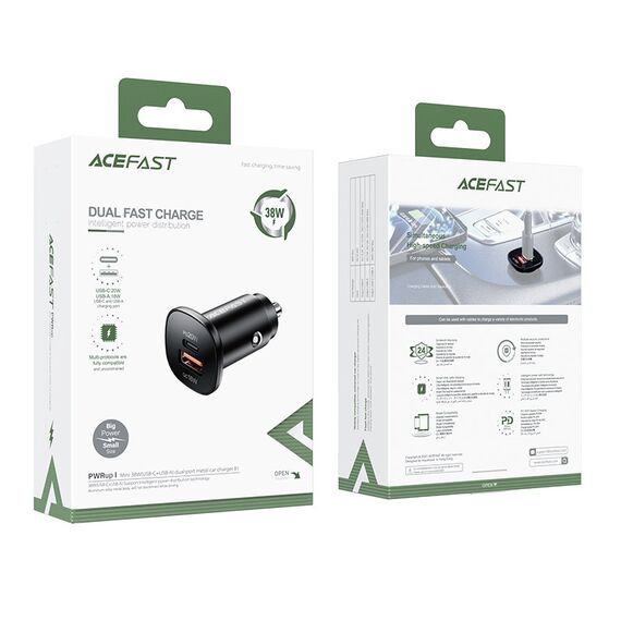 Acefast car charger 38W USB Type C / USB, PPS, Power Delivery, Quick Charge 3.0, AFC, FCP black (B1 black) | Techbox