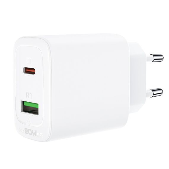 Acefast wall charger USB Type C / USB 20W, PPS, PD, QC 3.0, AFC, FCP white (A25 white) - Travel Chargers - Smartphone Chargers - Techbox