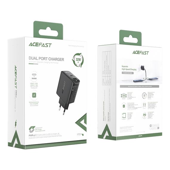 Acefast wall charger USB Type C / USB 32W, PPS, PD, QC 3.0, AFC, FCP black (A5 black) | Techbox