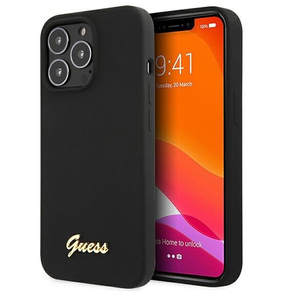 Guess GUHMP13XLSLMGBK iPhone 13 Pro Max 6.7" black/black hardcase Silicone Script Gold Logo MagSafe | Techbox