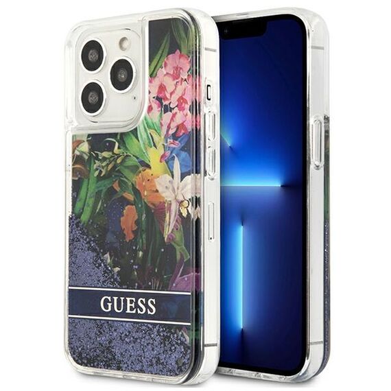 Guess GUHCP13LLFLSB iPhone 13 Pro / 13 6.1 "blue / blue hardcase Flower Liquid Glitter - Apple Cases - Cases - Techbox