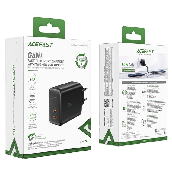 Acefast A29 PD50W GaN (USB-C + USB-C) dual port charger black - Travel Chargers - Smartphone Chargers - Techbox