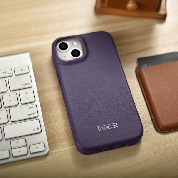 iCarer CE Premium Leather Folio Case iPhone 14 Plus Magnetic Flip Leather Folio Case MagSafe Dark Purple (WMI14220715-DP) - Apple Cases - Cases - Techbox