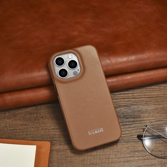 iCarer CE Premium Leather Folio Case iPhone 14 Pro Magnetic Flip Leather Folio Case MagSafe brown (WMI14220714-BN) - Apple Cases - Cases - Techbox