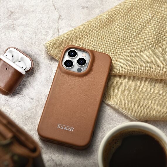 iCarer CE Premium Leather Folio Case iPhone 14 Pro Magnetic Flip Leather Folio Case MagSafe brown (WMI14220714-BN) - Apple Cases - Cases - Techbox
