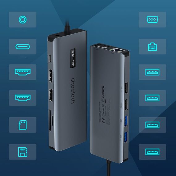 Choetech multifunctional HUB with display 12in1 USB-C to USB-C / USB-A / HDMI / VGA / AUX / SD / TF gray (HUB-M26) | Techbox