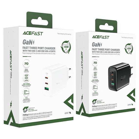 Acefast fast charger GaN (2x USB-C / USB-A) PPS / PD / QC4+ 65W white (A41) - Travel Chargers - Smartphone Chargers - Techbox