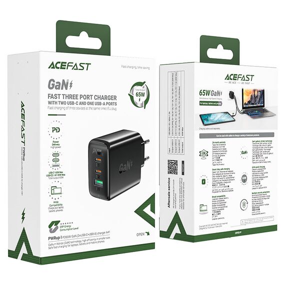 Acefast fast charger GaN (2x USB-C / USB-A) PPS / PD / QC4+ 65W white (A41) - Travel Chargers - Smartphone Chargers - Techbox