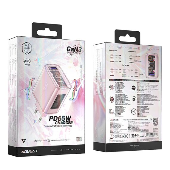 Acefast charger GaN 65W 3 ports (1xUSB, 2xUSB C) pink (A45) - Travel Chargers - Smartphone Chargers - Techbox