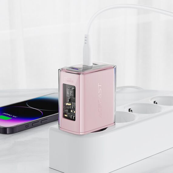 Acefast charger GaN 65W 3 ports (1xUSB, 2xUSB C) pink (A45) - Travel Chargers - Smartphone Chargers - Techbox
