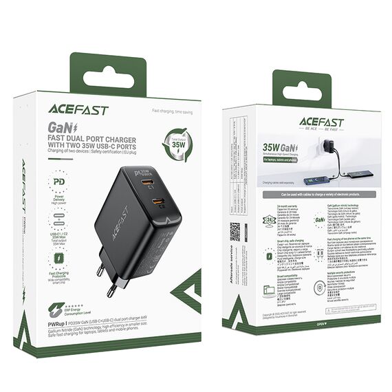 Fast charger GaN 35W PD 2x USB C Acefast A49 - black - Travel Chargers - Smartphone Chargers - Techbox