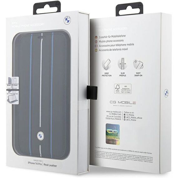 Case BMW BMBKP14L22RVSK iPhone 14 Pro 6.1" black/black bookcase Leather Stamp Blue Lines | Techbox