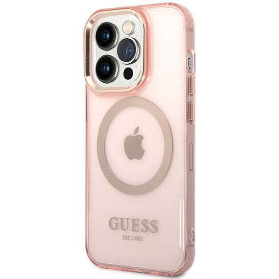 Guess GUHMP14XHTCMP iPhone 14 Pro Max 6.7" pink/pink hard case Gold Outline Translucent MagSafe | Techbox