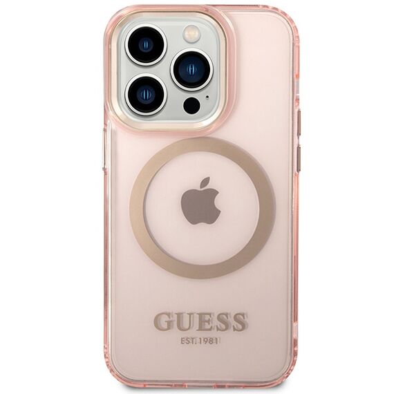 Guess GUHMP14XHTCMP iPhone 14 Pro Max 6.7" pink/pink hard case Gold Outline Translucent MagSafe | Techbox