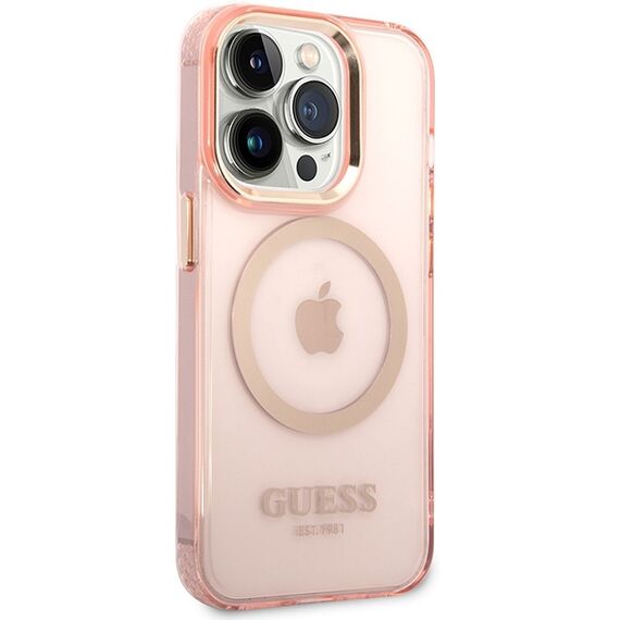 Guess GUHMP14XHTCMP iPhone 14 Pro Max 6.7" pink/pink hard case Gold Outline Translucent MagSafe | Techbox