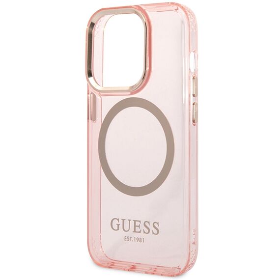 Guess GUHMP14XHTCMP iPhone 14 Pro Max 6.7" pink/pink hard case Gold Outline Translucent MagSafe | Techbox
