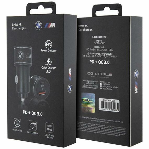 BMW charger BMCCMUSBCK PD-QC 3.0 20W Fast Charge black/black M Edition - Car Chargers - Smartphone Chargers - Techbox