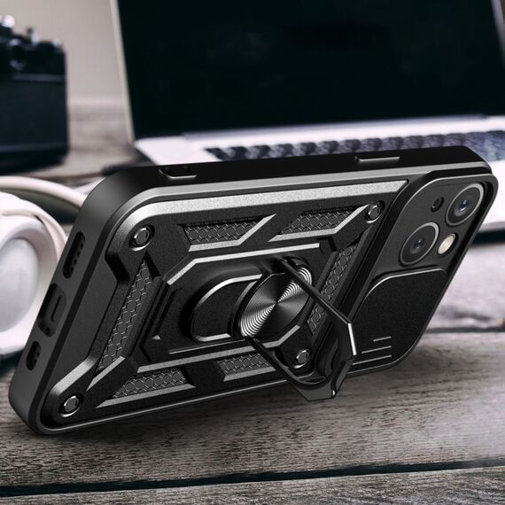 Hybrid Armor Camshield Case with Stand and Camera Cover for iPhone 15 Plus - Black | Techbox