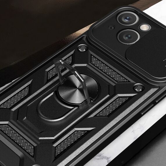 Hybrid Armor Camshield Case with Stand and Camera Cover for iPhone 15 Plus - Black | Techbox