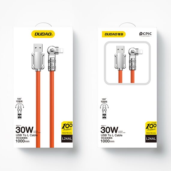 Dudao L24AL USB-A - Lightning angled cable with 180° rotation 30W 1m - orange | Techbox