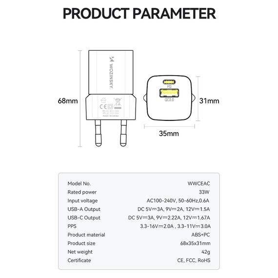 Wozinsky WWCEAC GaN USB-A USB-C 33W wall charger - white - Travel Chargers - Smartphone Chargers - Techbox