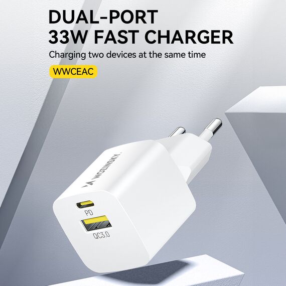 Wozinsky WWCEAC GaN USB-A USB-C 33W wall charger - white - Travel Chargers - Smartphone Chargers - Techbox