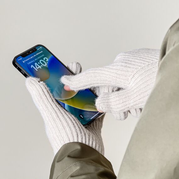 Braided telephone gloves with cutouts for fingers - beige | Techbox