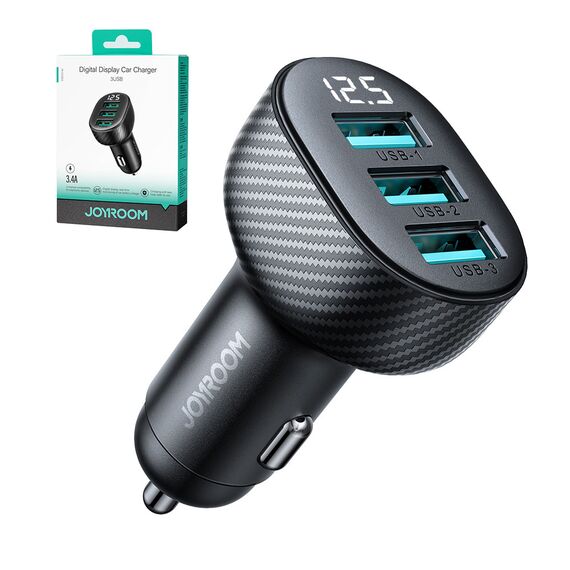 Joyroom JR-CCD03 3.4A car charger with 3x USB-A display - black | Techbox